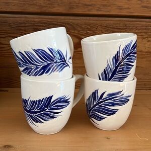 Set of 4 Blue Feather on White Handmade Ceramic Mugs by Jessica Howard